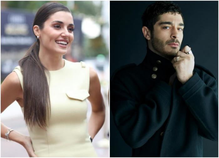 Hande Erçel poartă o rochie fără mâneci și zâmbește, iar Burak Deniz este îmbrăcat într-o ținută all-black