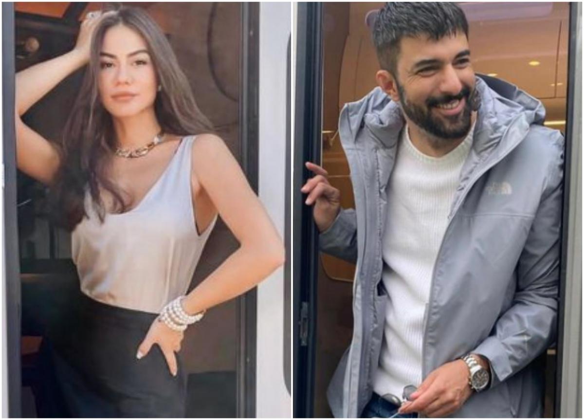 actrița poartă maiou și pantaloni negri și actorul poartă un tricou alb și geacă gri
