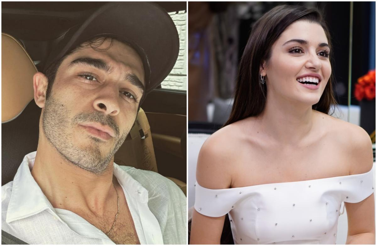 Burak Deniz poartă o șapcă și Hande Ercel o rochie albă de mireasă