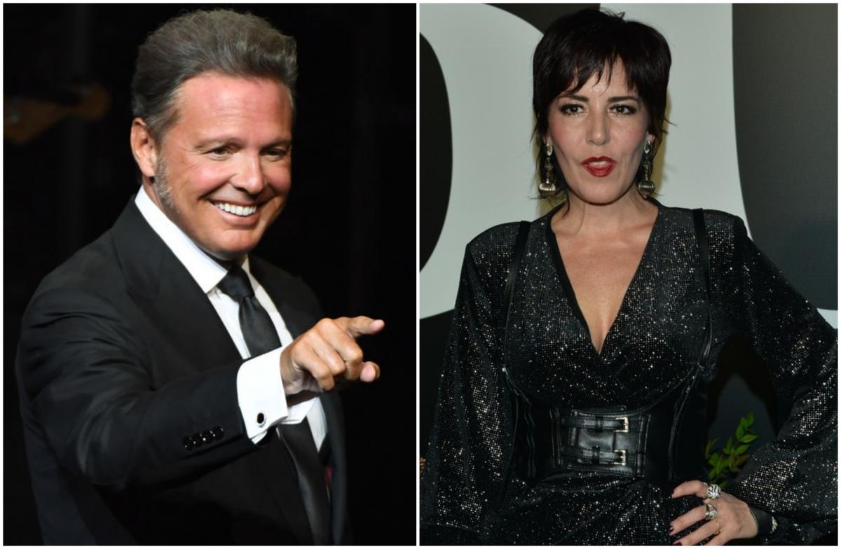 Luis Miguel poartă un costum negru și Stephanie Salas poartă o rochie închisă la culoare