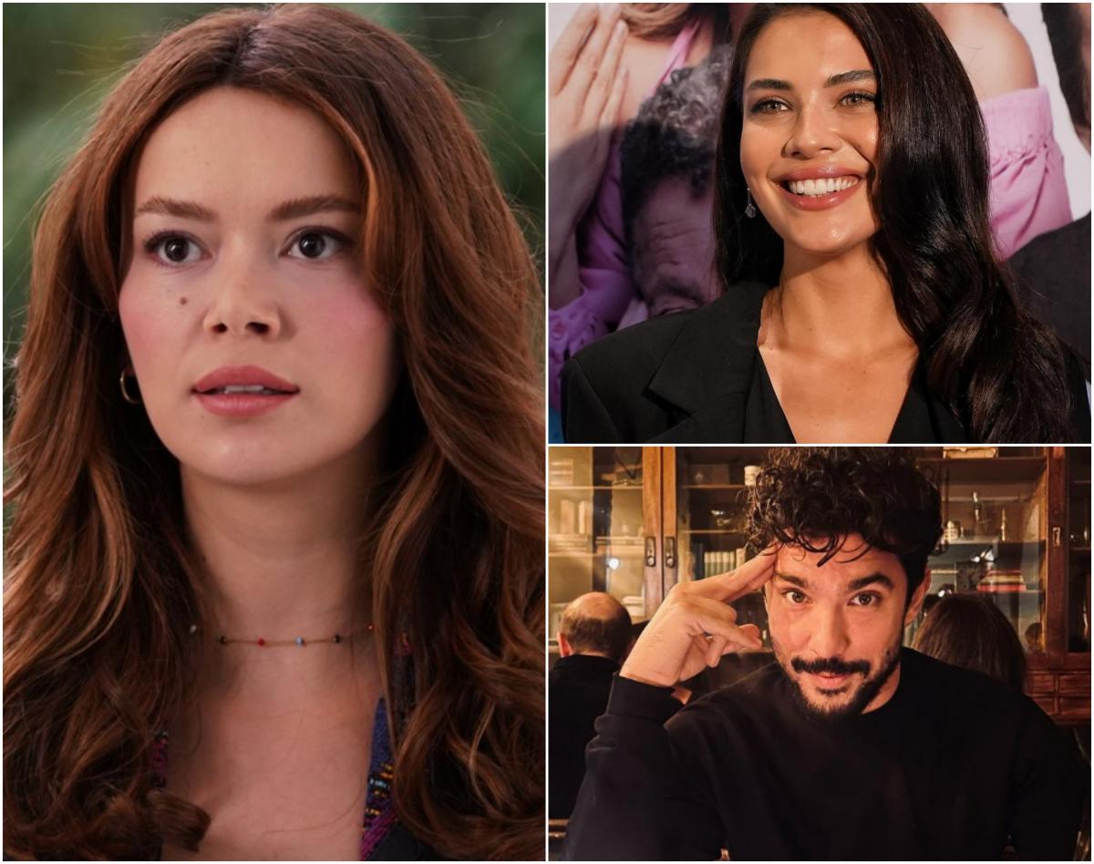 actrița poartă părul lung, desprins, a doua actrița zâmbește și are părul lung, desprins și actorul poartă o bluză neagră, pe gât