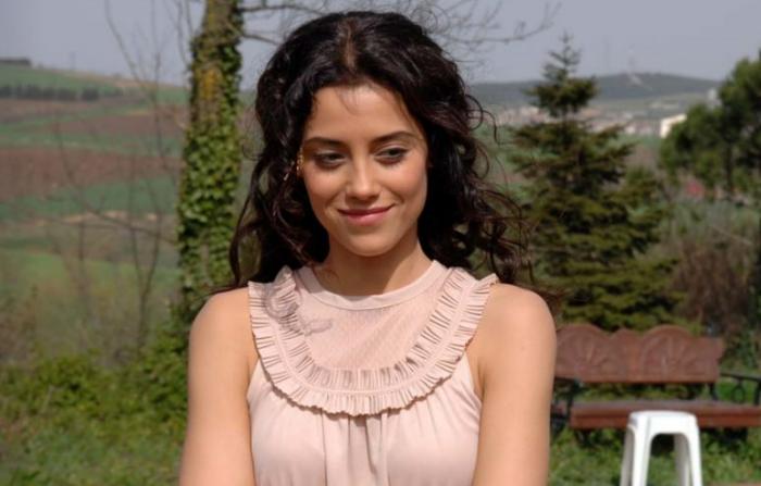 Cansu Dere poartă o rochie fără mâneci și are părul coafat