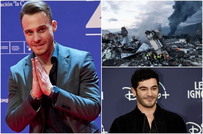 Kerem Bürsin stă cu mâinile împreunate, iar Burak Deniz poartă o cămașă neagră.
