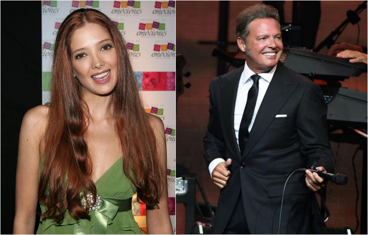 Adela Noriega poartă o rochie verde, Luis Miguel poartă un costum negru și cămașă albă