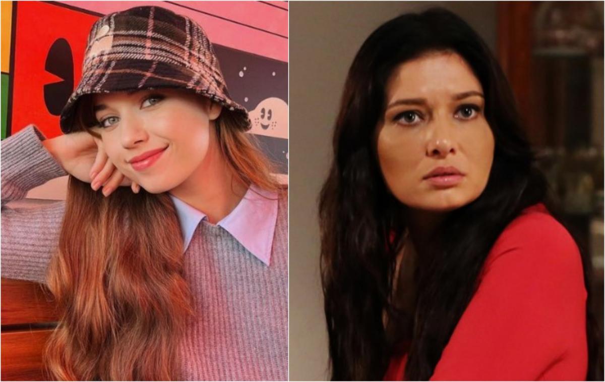 Afra Saraçoğlu poartă o cămașă albă și un pulover gri, o pălărie în carouri și părul lung, desprins, Nurgul Yesilcay poartă părul desprins