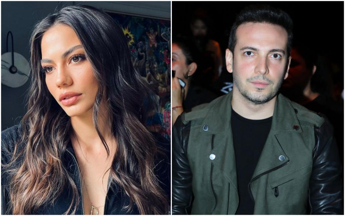 Demet Özdemir poartă părul lung, desprins și Oğuzhan Koç poartă un tricou negru negru și o geacă verde