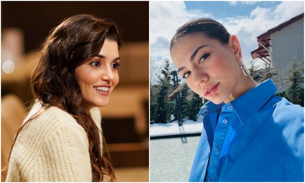 Hande Ercel poartă o bluză albă cu mânecă lungă iar Demet Ozdemir poartă o cămașă albastră cu mâneci lungi