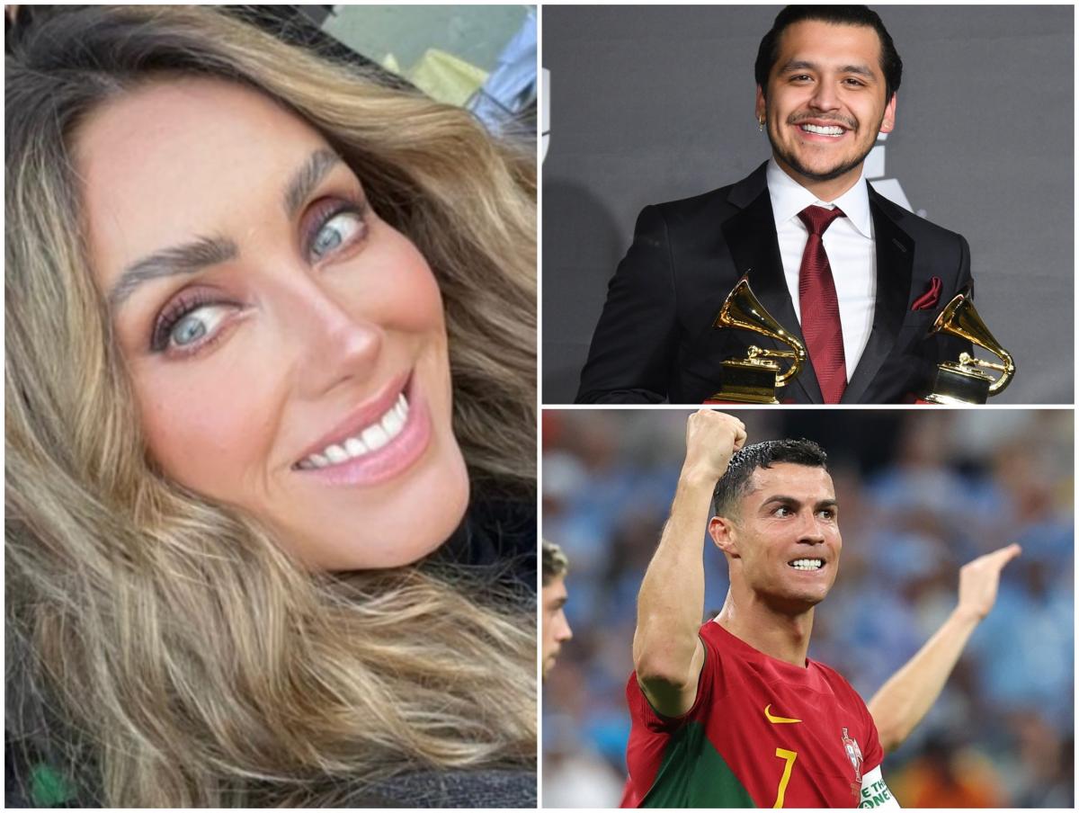 Anahi poartă părul lung, desprins, Christiano Ronaldo ridică mâna dreaptă, iar Christian Nodal ține în mână două premii