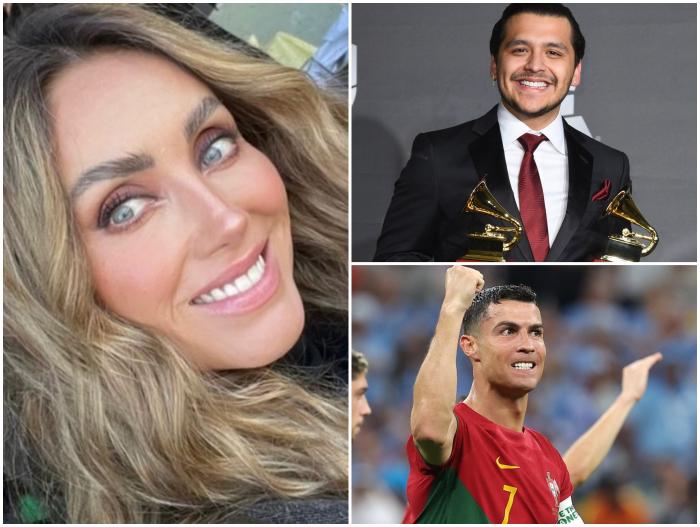 Anahi poartă părul lung, desprins, Christiano Ronaldo ridică mâna dreaptă, iar Christian Nodal ține în mână două premii