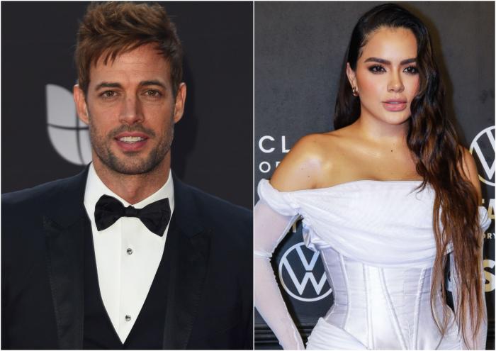 William Levy poartă costum și o cămașă albă și papion și Samadhi Zendejas poartă o rochie cu decolteu