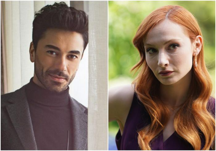 actor poartă o maletă închisă la culoare și actrița poartă părul lung, desprins