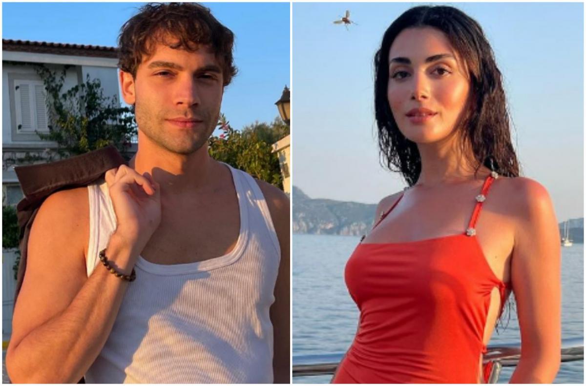 actor poartă un maiou alb și actrița poartă o rochie roșie