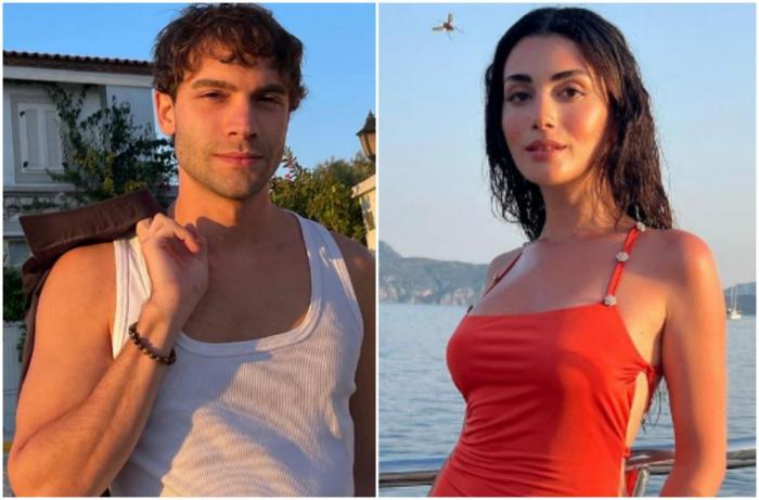 actor poartă un maiou alb și actrița poartă o rochie roșie