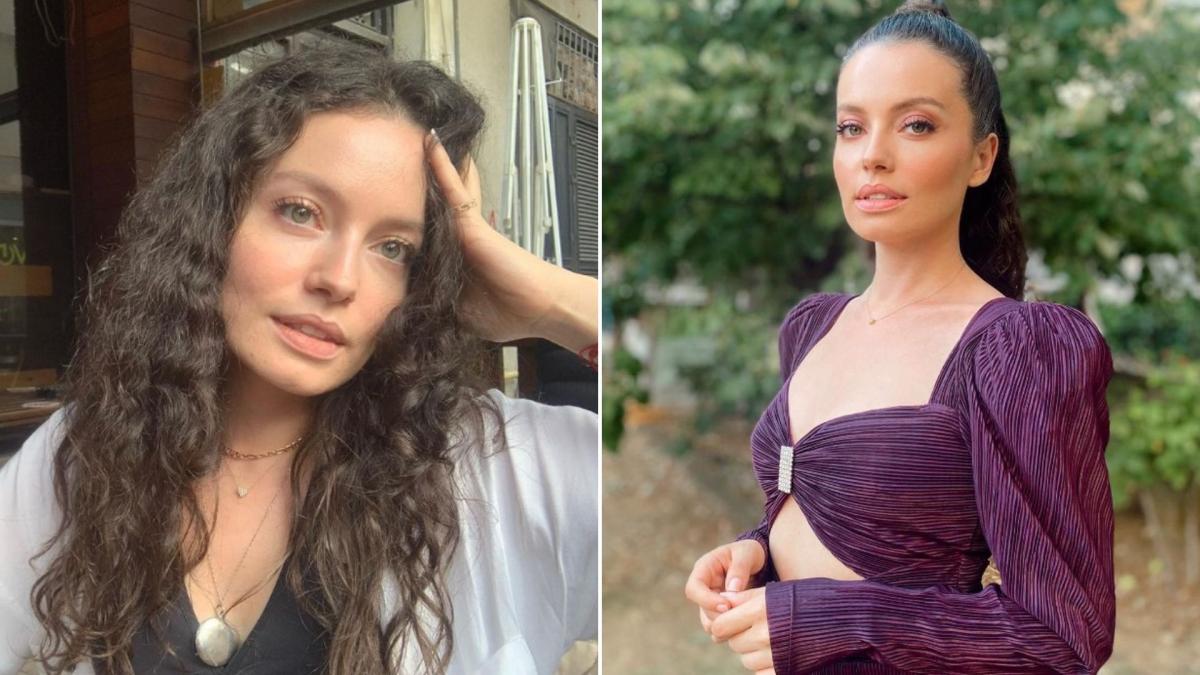 colaj de imagini cu gizem arikan cu parul despletit si cea din dreapta cu parul prins, intr-o rochie mov