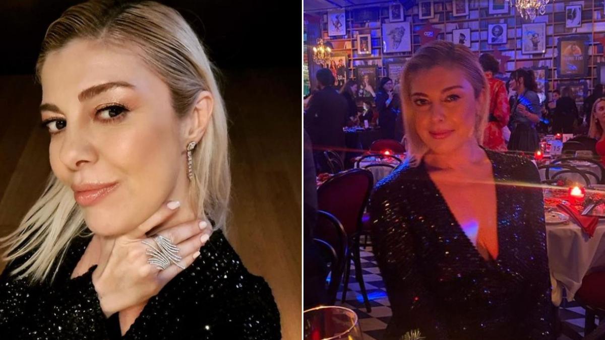 colaj de imagini cu gozde kansu imbracata intr-o rochie neagra cu paiete