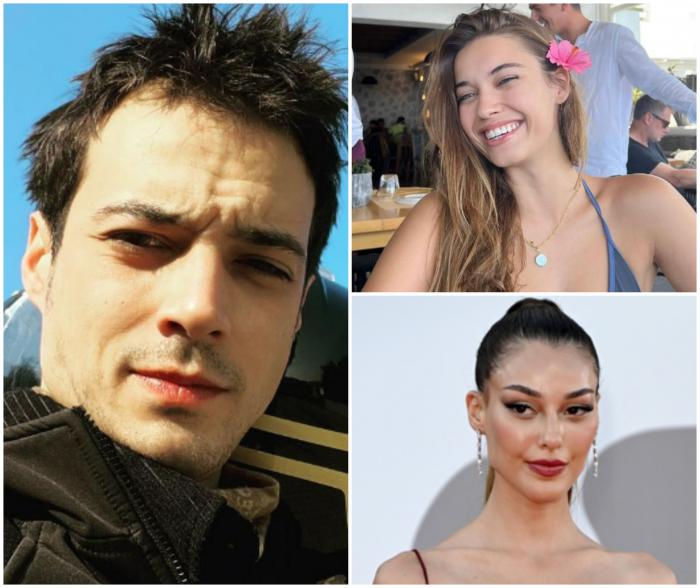 actor poartă o bluză neagră, cele două actrițe privesc spre camera de fotografiat